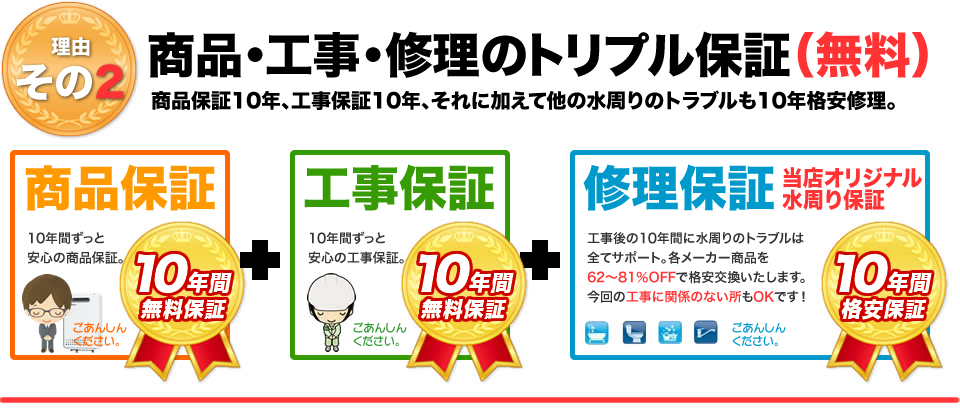 商品・工事・修理のトリプル10年保証（無料）。